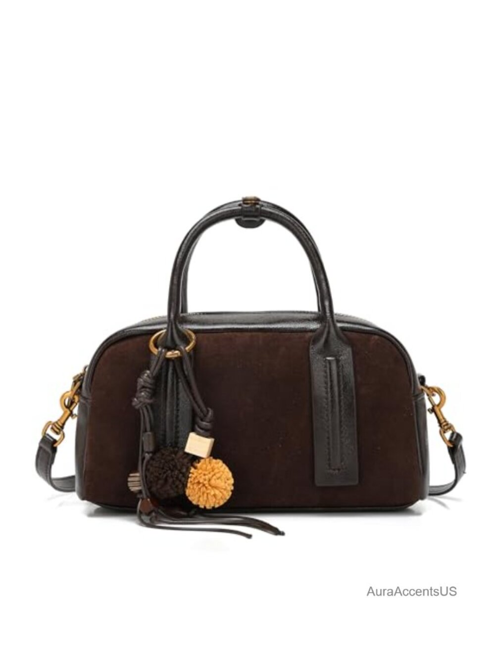 Vintage Suede Boston Bag Retro Top Handle Satchel with Crossbody Strap